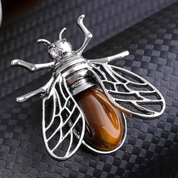 Jewelry - Tiger Eye Stone Bee Brooch Pendant Necklace Healing Gemstone Pendant